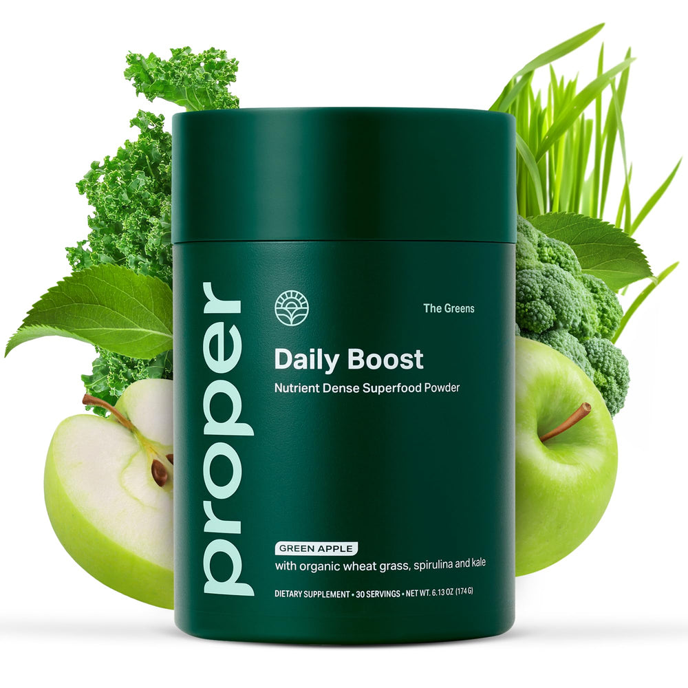 Proper Greens Daily Boost apple-flavored bottle for daily nourishment.