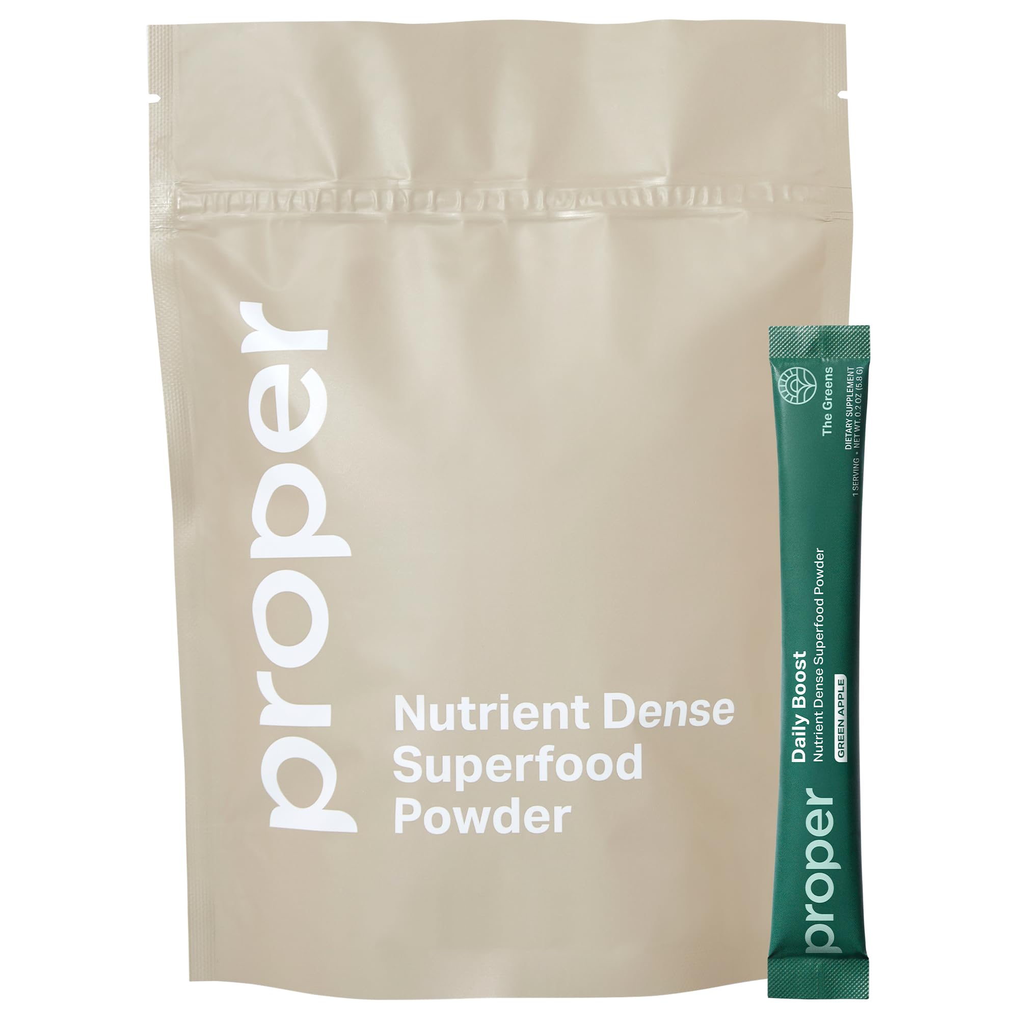 Proper Greens Daily Boost container highlights convenient daily nutrition.