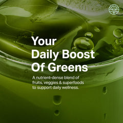 Glass with vibrant Proper Greens drink, highlighting apple flavor and refreshing energy.