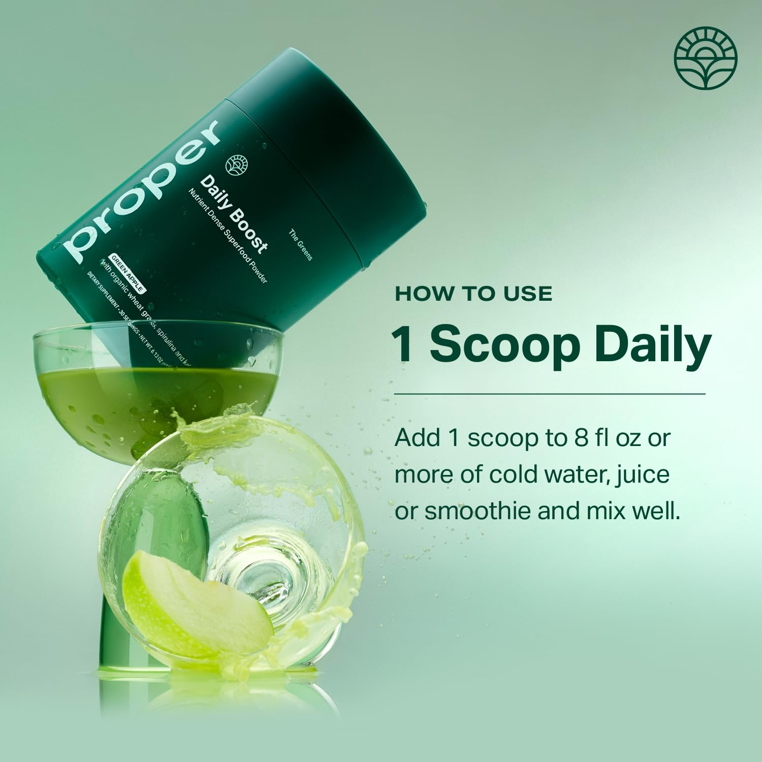 Probiotics icon on Proper Greens packaging hints at gut-friendly potential.