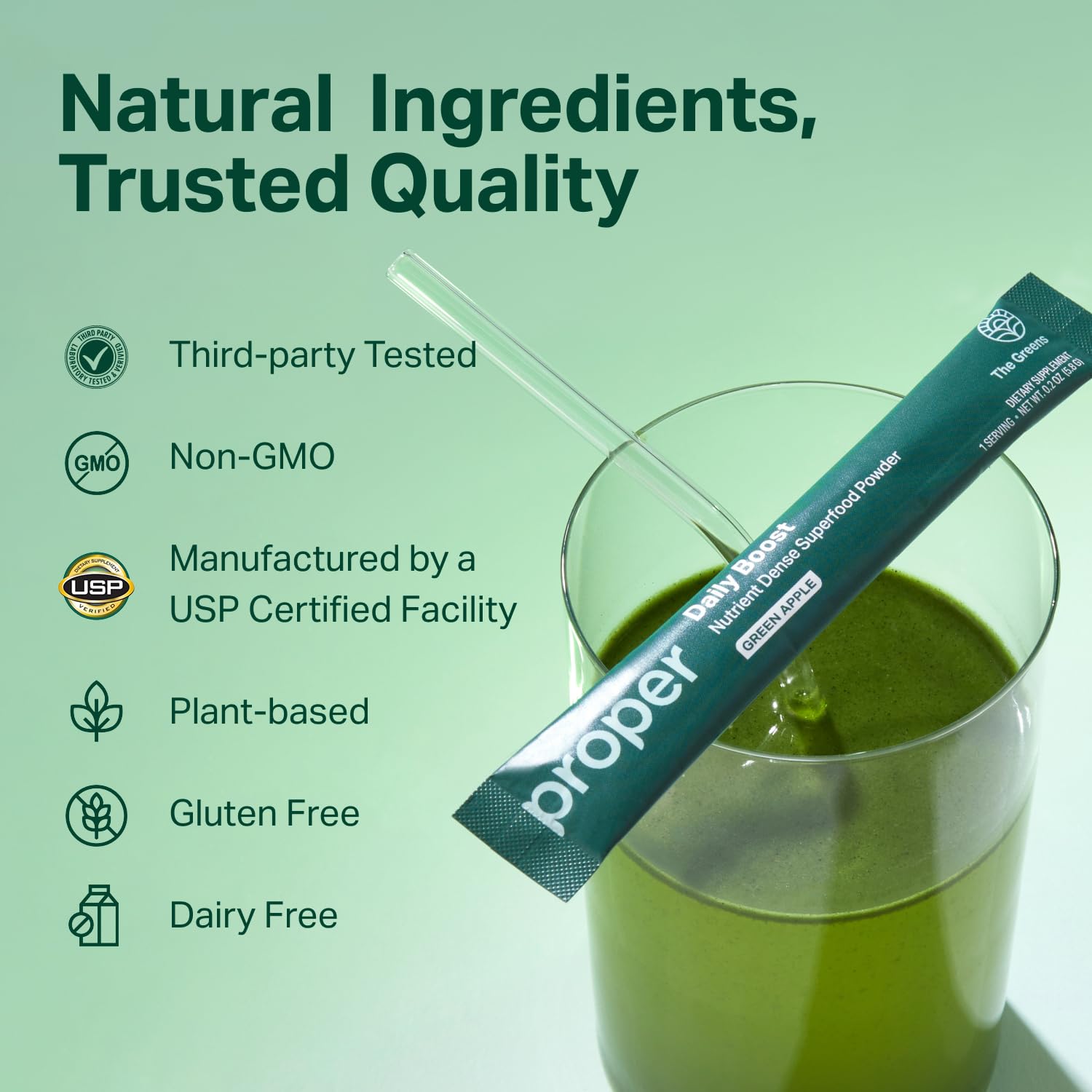 Close-up of spirulina and chlorella in Proper Greens Daily Boost.
