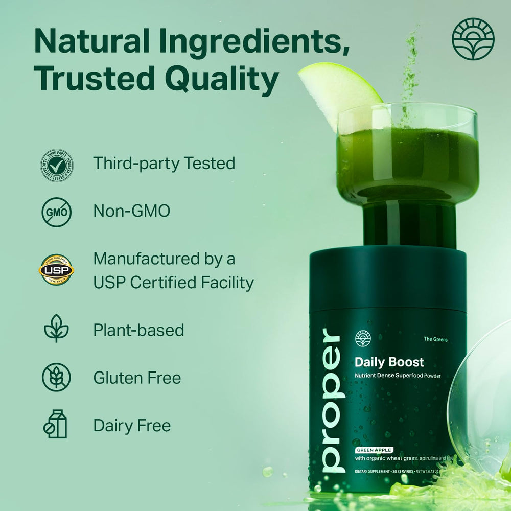 Spirulina and chlorella on label indicate green superfood blend.