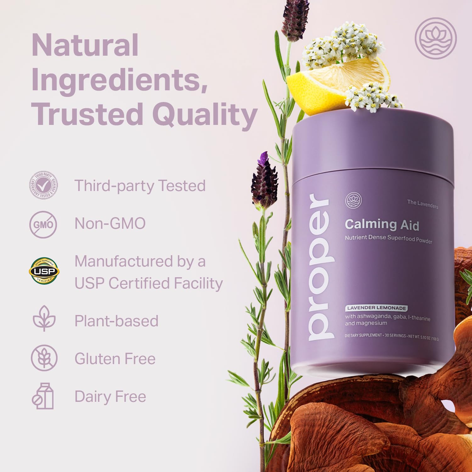 Proper Lavenders Calming Aid dissolving shot in water highlights lemonade flavor.