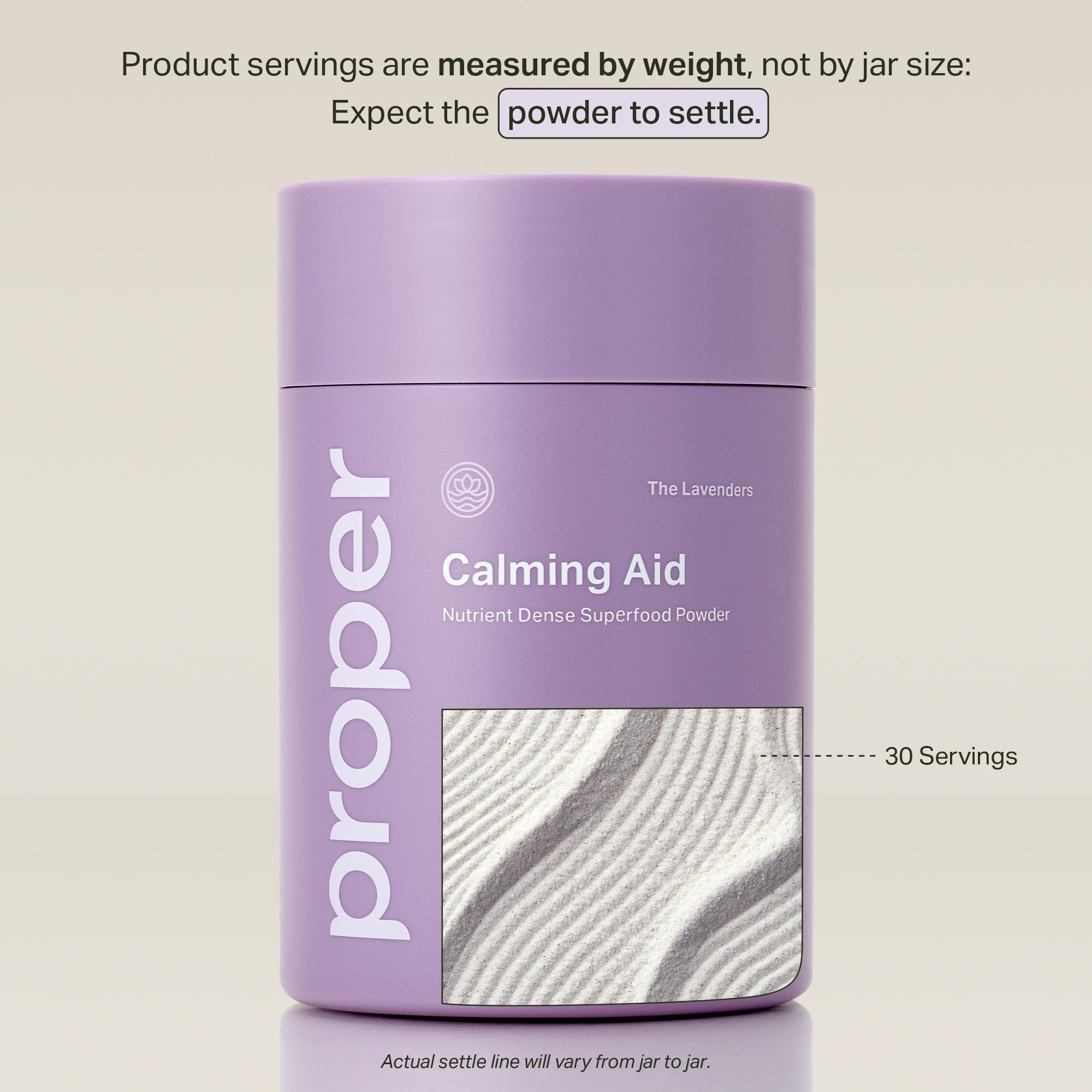 Proper Lavenders Calming Aid glass with mix dissolving in water for stress-friendly routine.