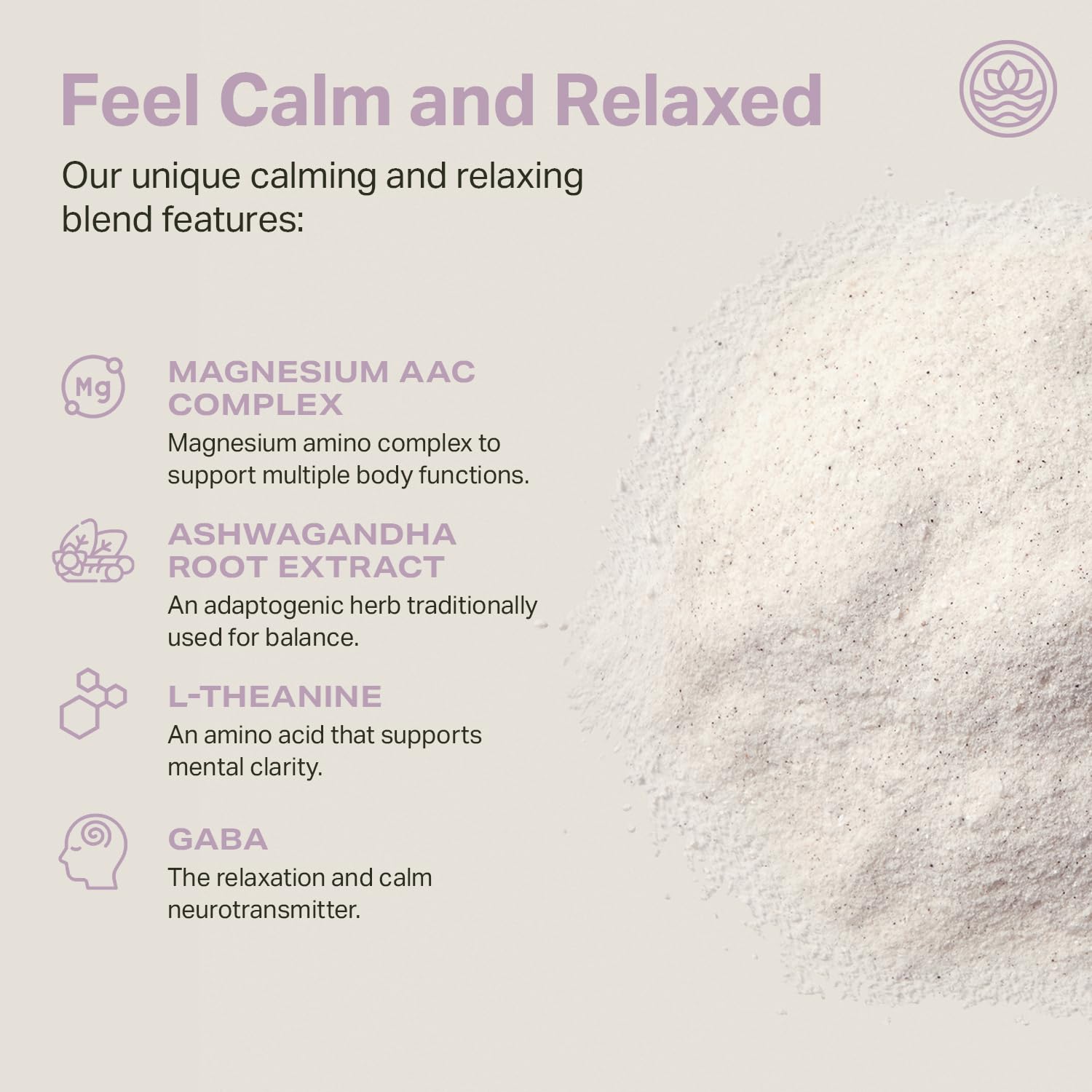 Proper Lavenders Calming Aid ingredients spoon highlight essential nutrients for digestion.