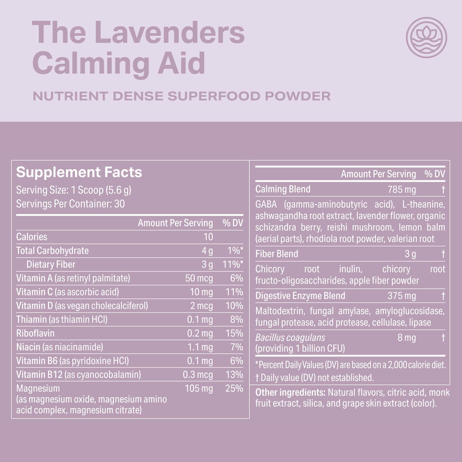 Proper Lavenders Calming Aid label closeup emphasizes third-party tested ingredients.