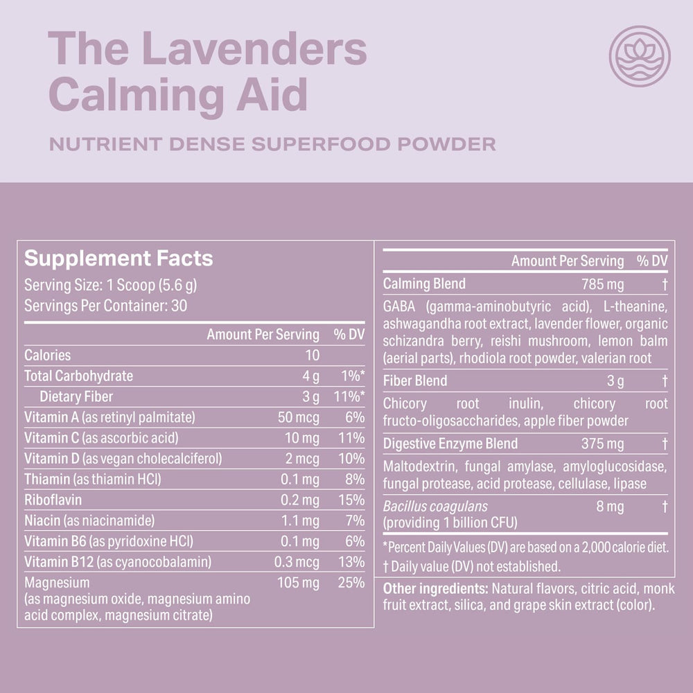Proper Lavenders Calming Aid label closeup emphasizes third-party tested ingredients.