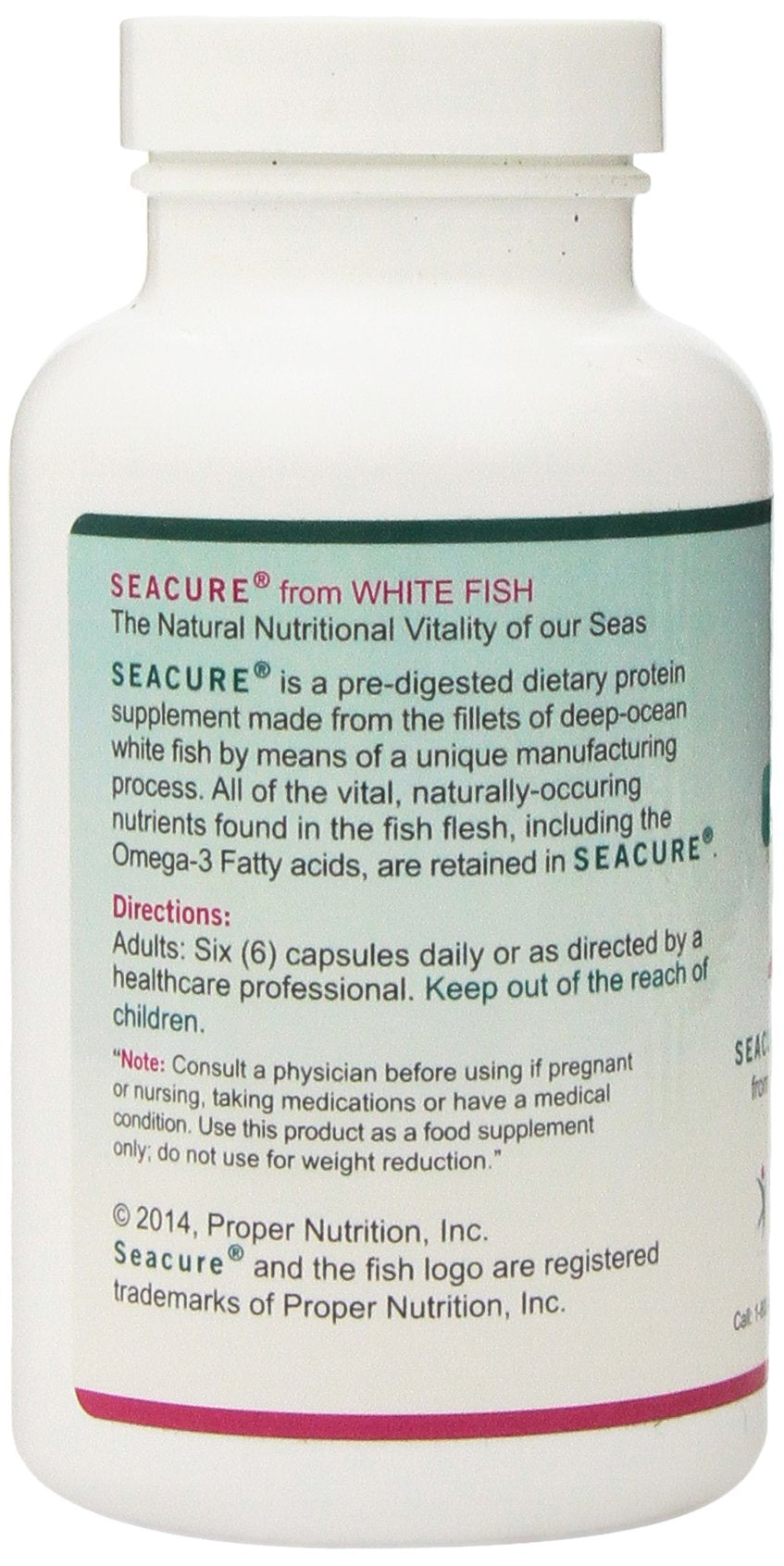 Proper Nutrition Seacure capsules bottle closeup highlighting natural whole-food protein