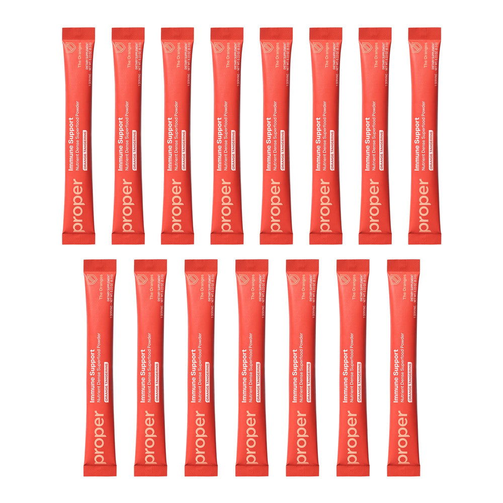 Proper Orange Tangerine drink mix in glass; convenient on-the-go nourishment