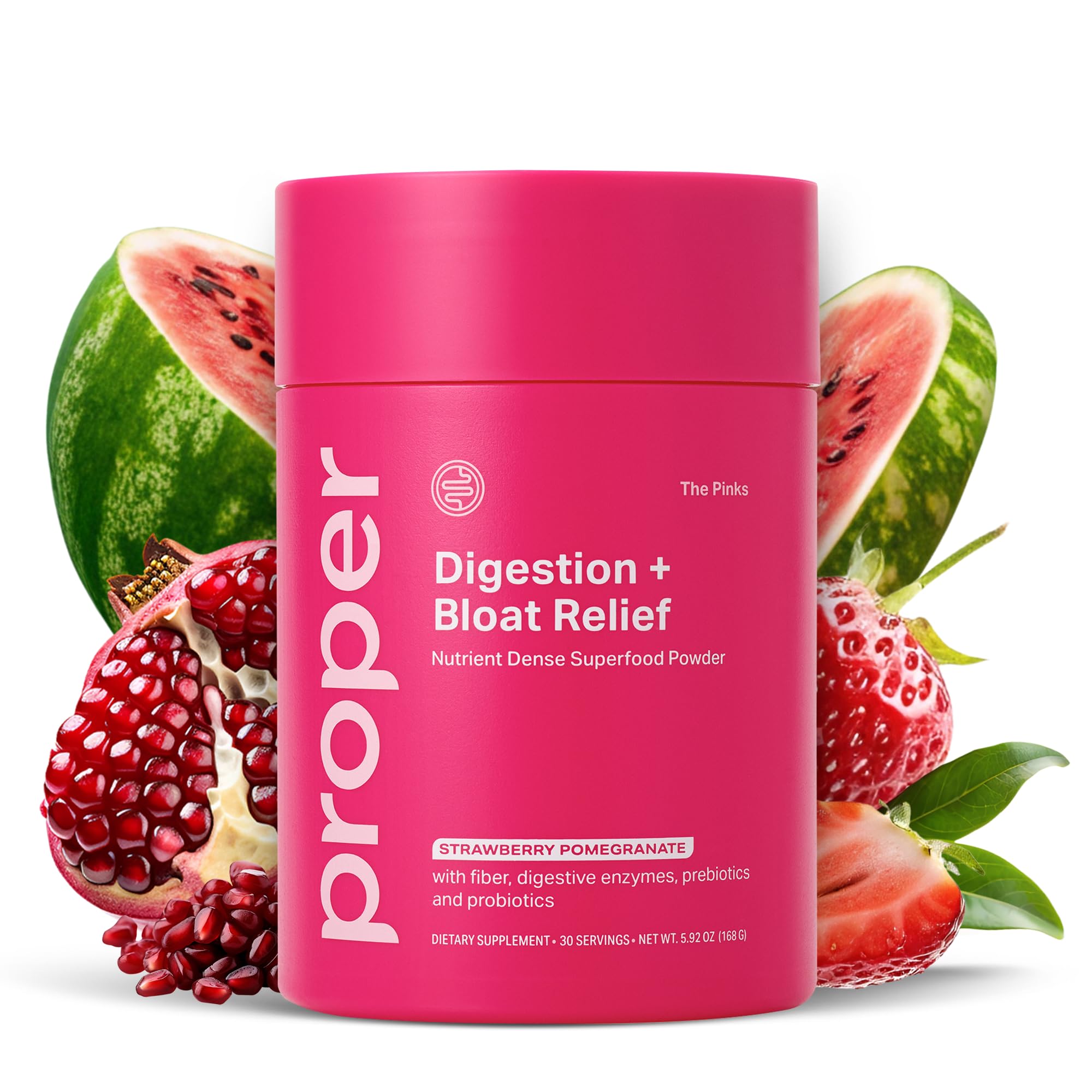 Proper The Pinks bottle front with strawberry pomegranate flavor for gut support.
