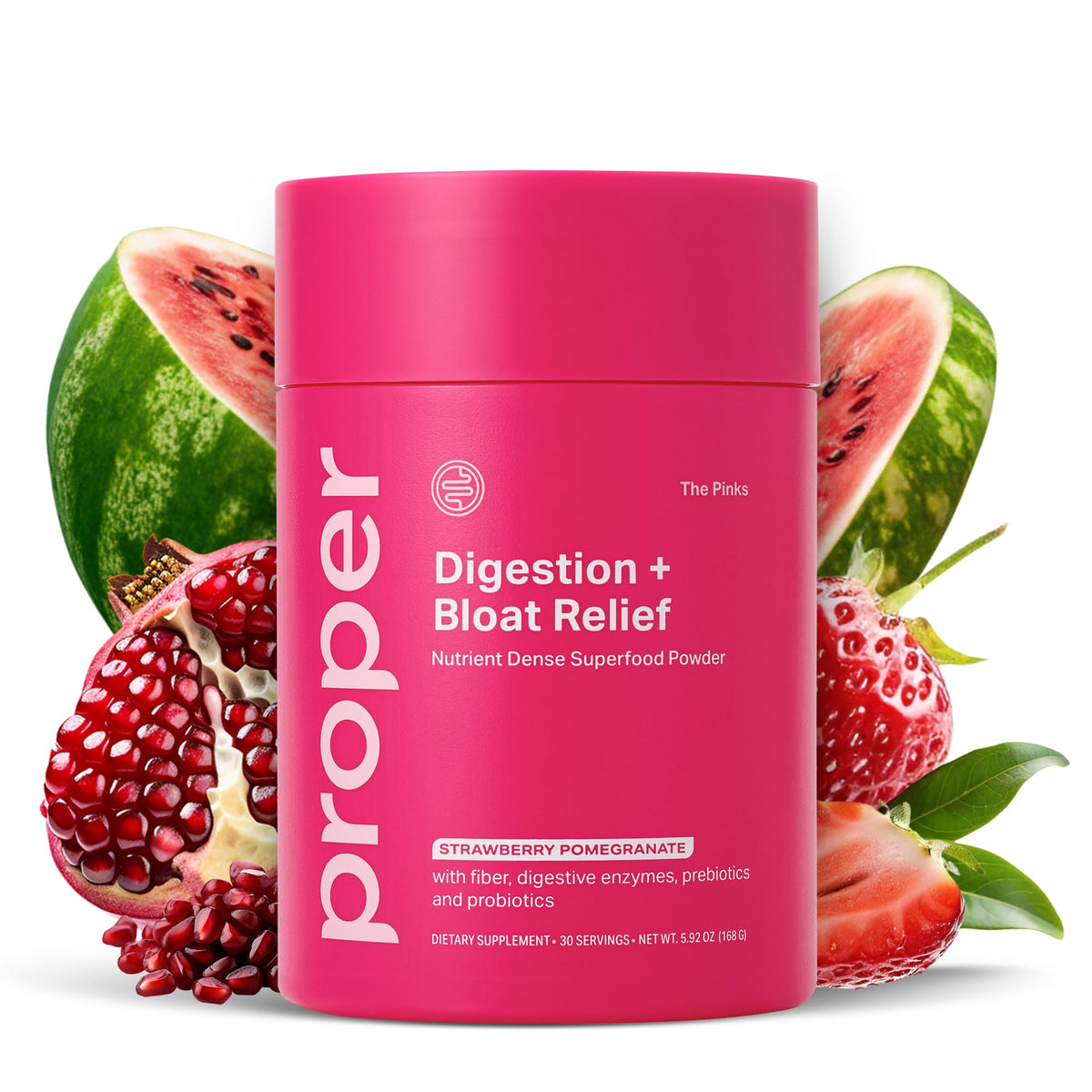 Proper The Pinks bottle front with strawberry pomegranate flavor for gut support.