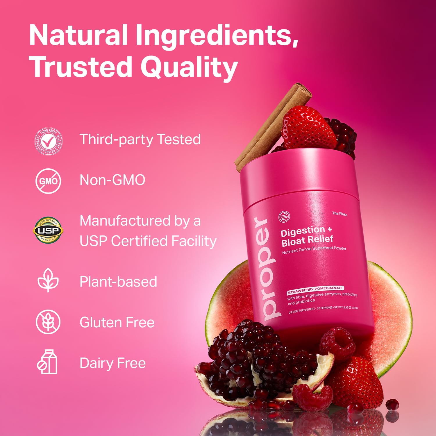 Proper The Pinks box shows gluten-free and non-GMO attributes.