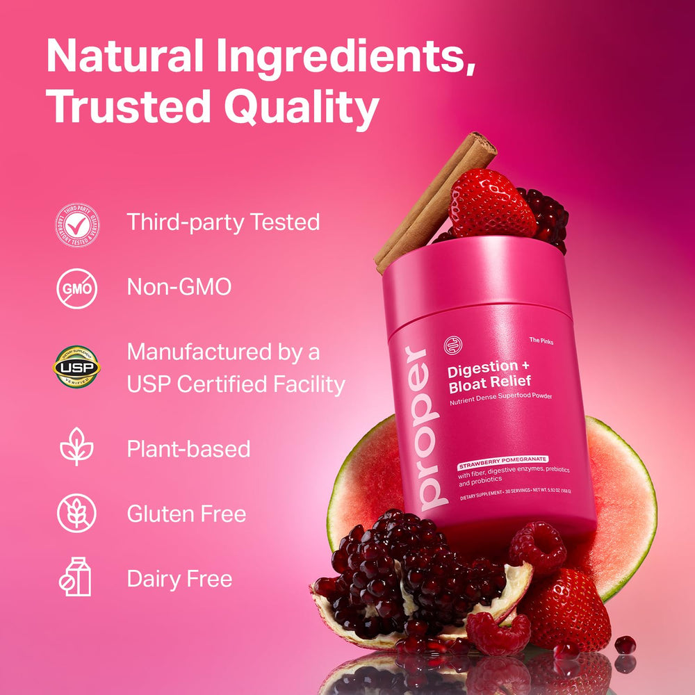 Proper The Pinks box shows gluten-free and non-GMO attributes.