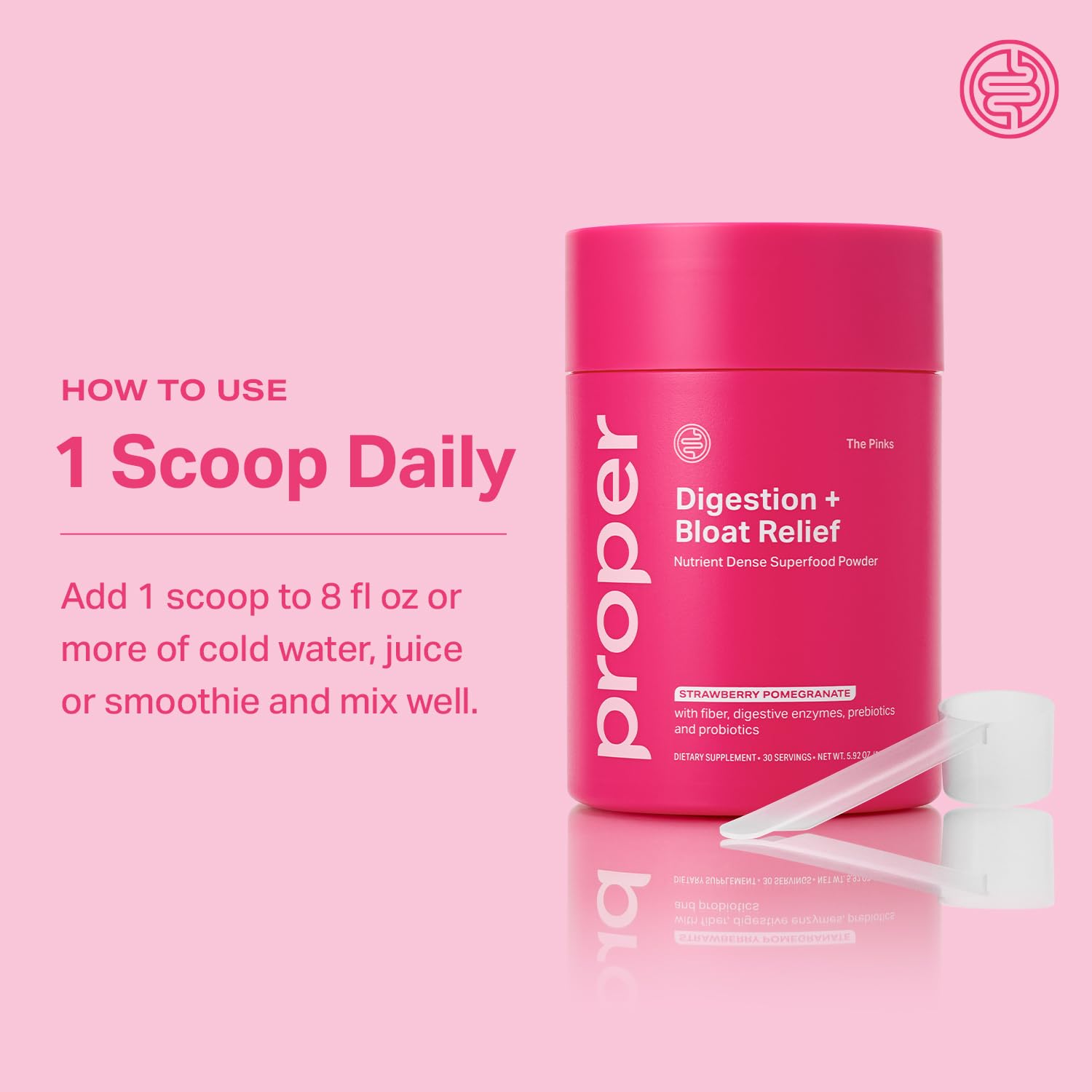 Proper The Pinks enzyme blend close-up suggesting comfortable digestion.
