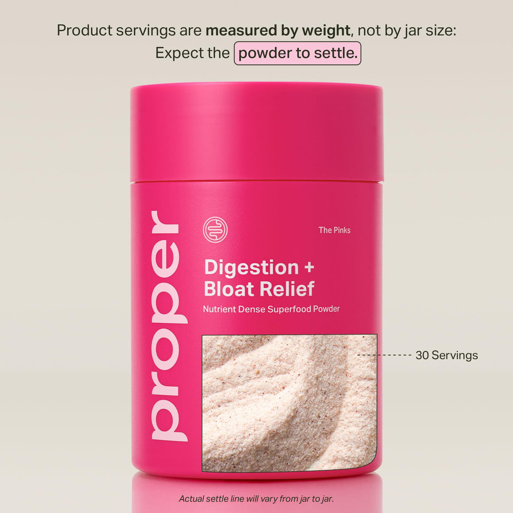 Proper The Pinks scoop resting beside the mix for convenient daily gut aid.