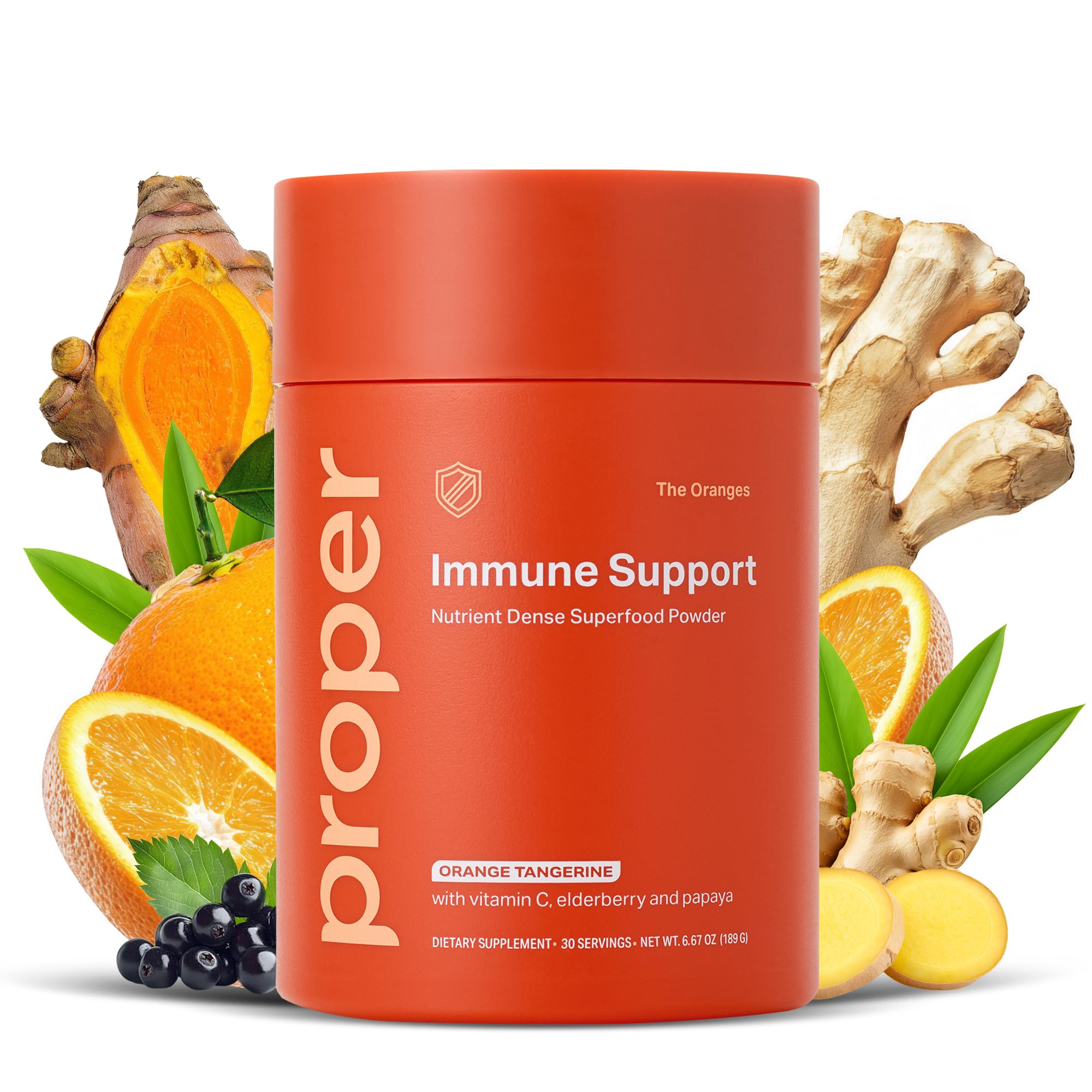Proper The Oranges bottle close-up highlighting the immune-support blend.