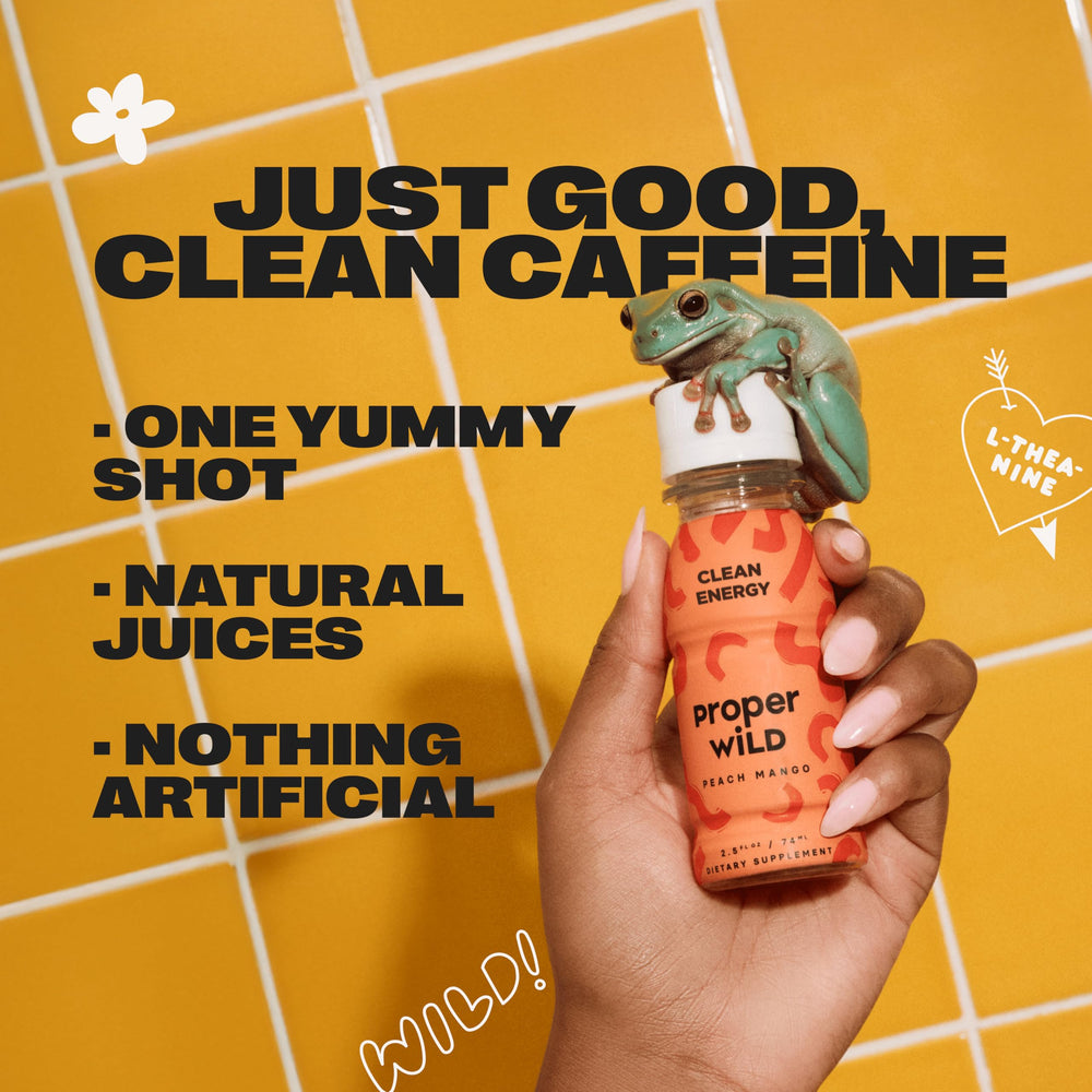 Proper Wild energy shot label front shows clean, plant-based formula.