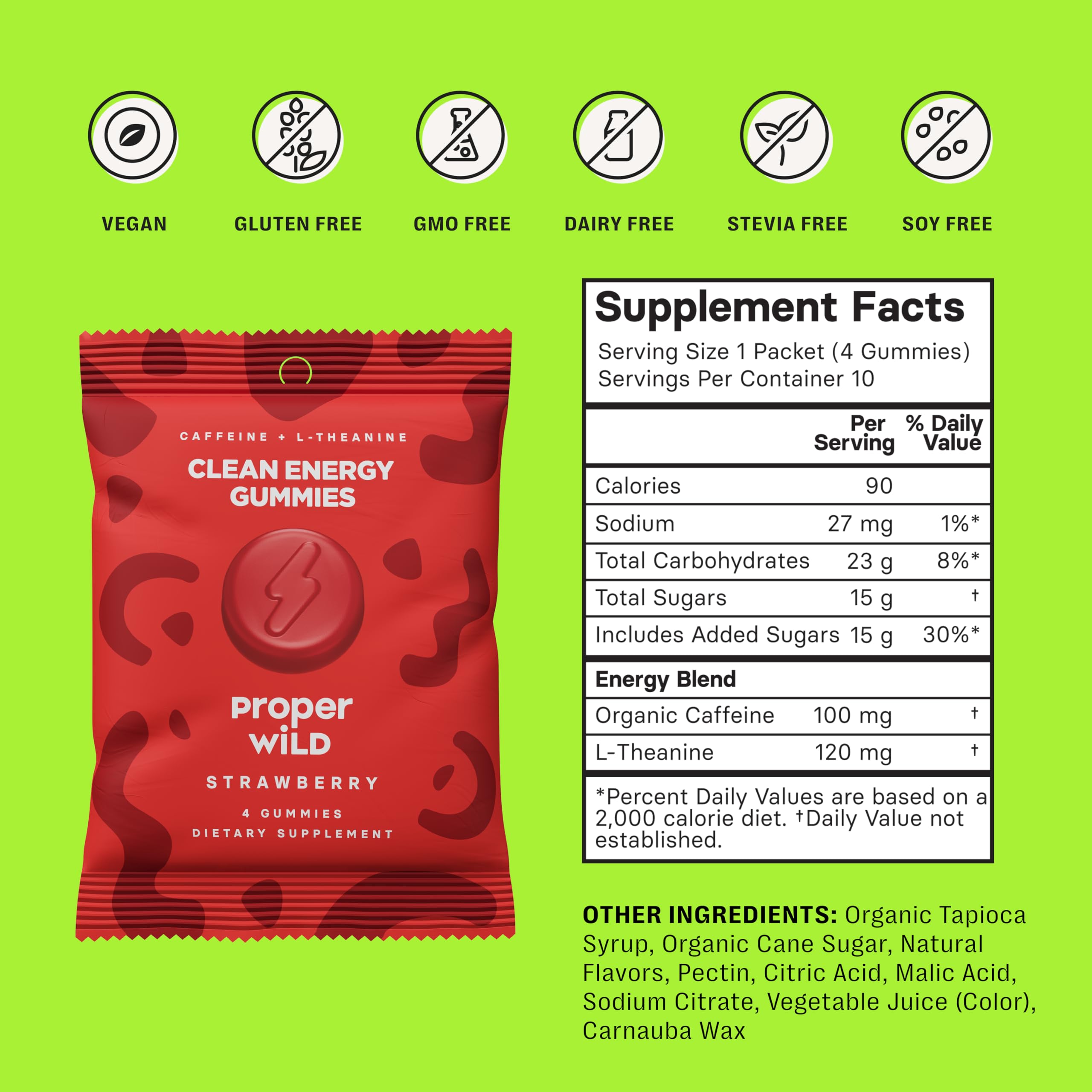 Proper Wild vegan energy gummies close-up with strawberry flavor and energy boost.