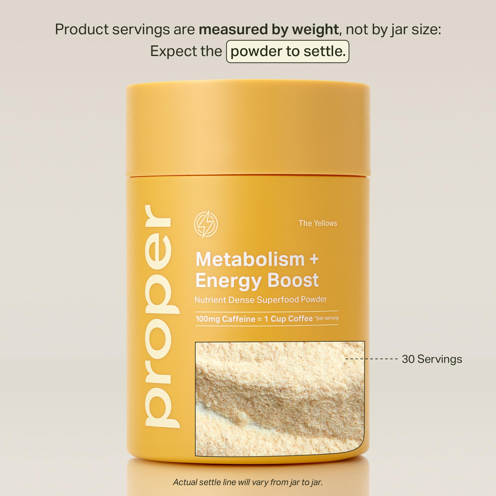 Proper Yellows energy scoop dispensing showing convenient daily serving