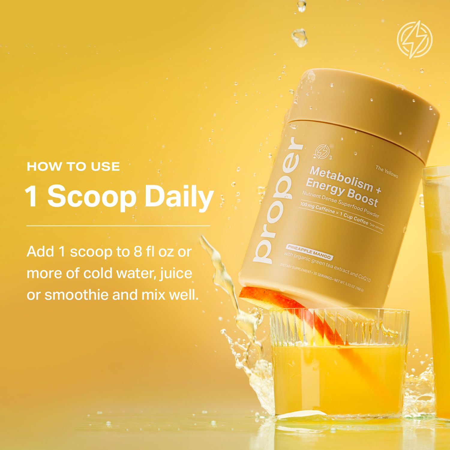 Proper Yellows ingredients icons highlight caffeine and probiotics