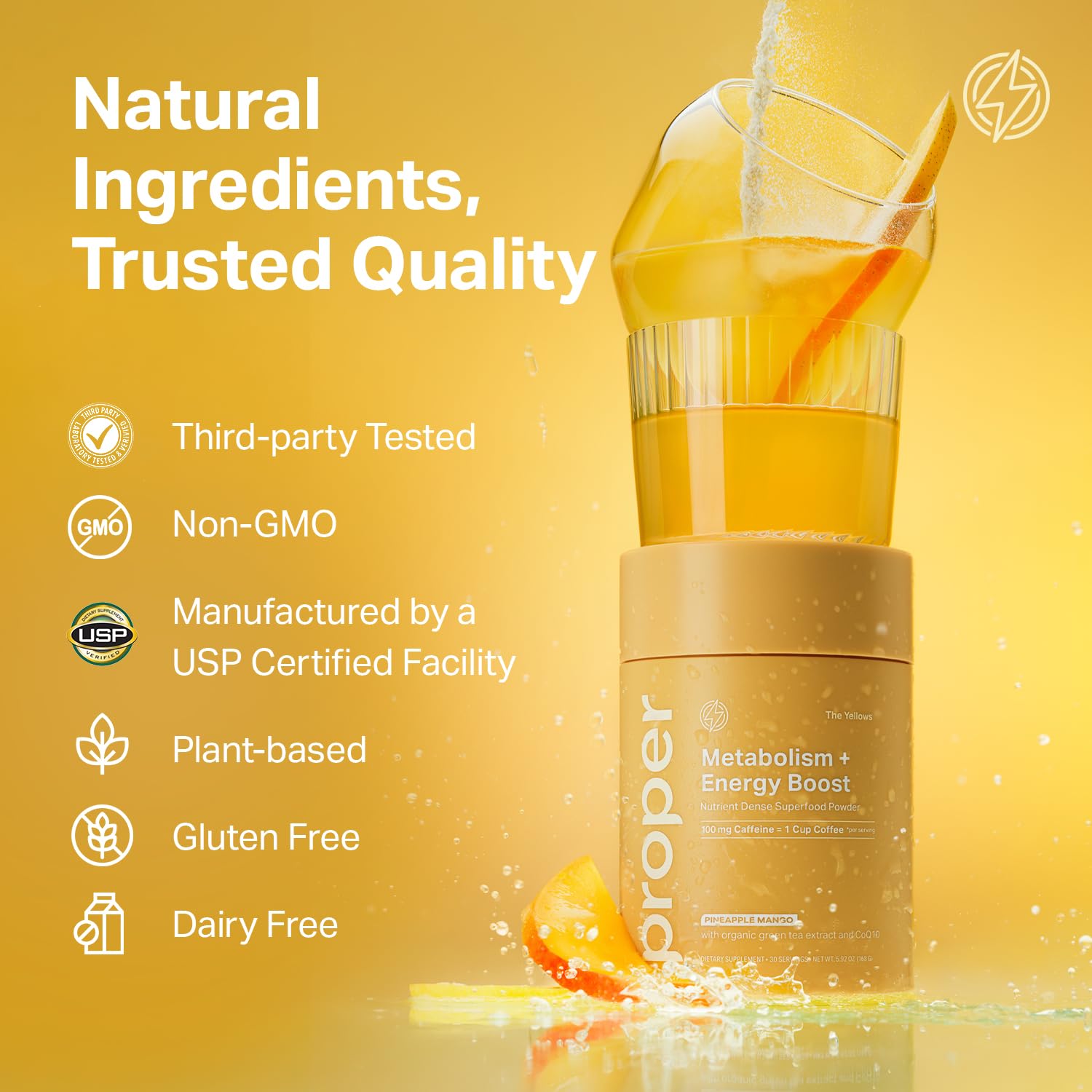 Proper Yellows smoothie serving with energy powder for on-the-go mornings