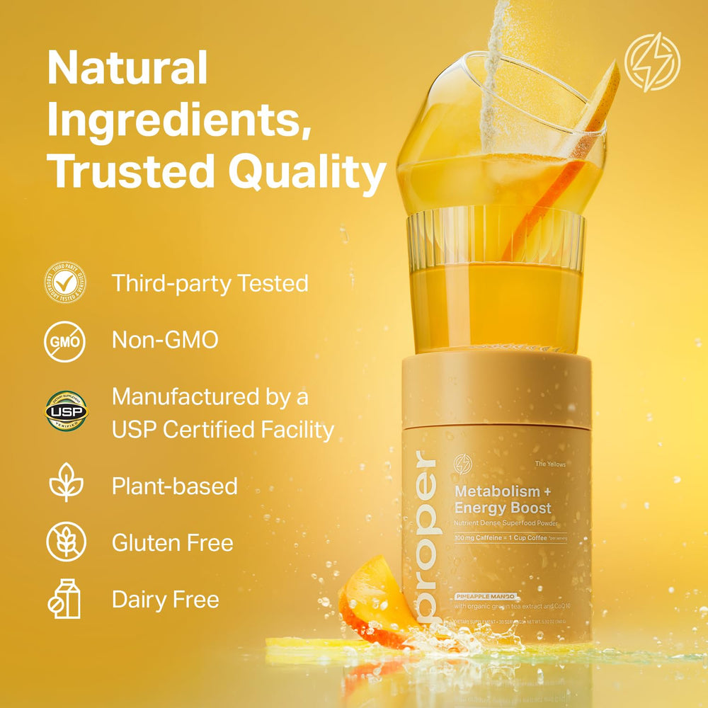 Proper Yellows smoothie serving with energy powder for on-the-go mornings