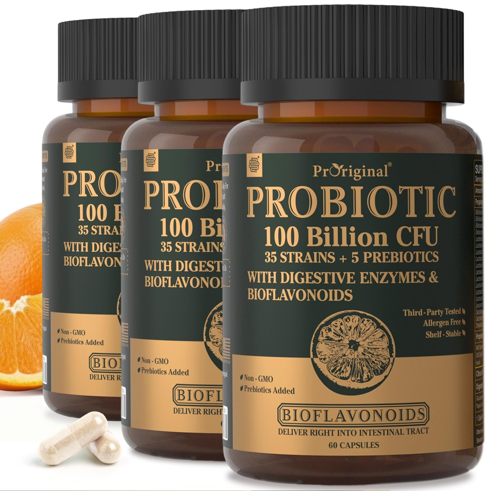 Proriginal Probiotics bottle shows 100B CFU potency for daily digestive support.