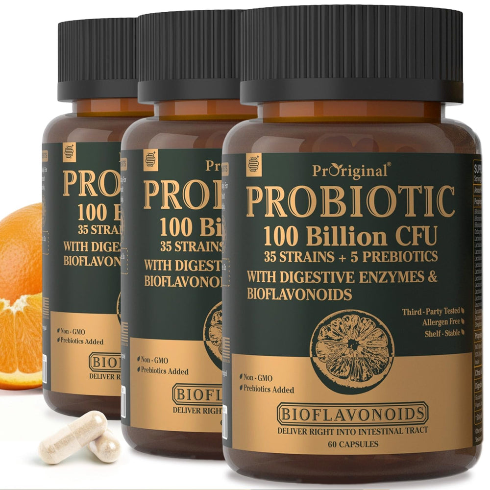 Proriginal Probiotics bottle shows 100B CFU potency for daily digestive support.
