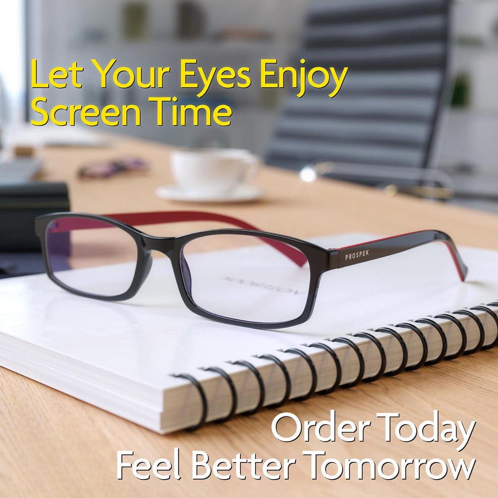 Prospek blue light reading glasses packaging highlights gift-ready appeal.