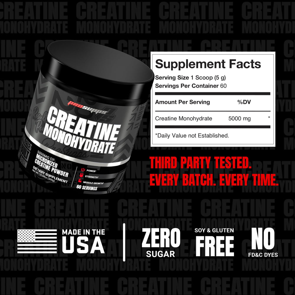 PROSUPPS Creatine Monohydrate powder with ingredient panel highlighting clean ingredients.