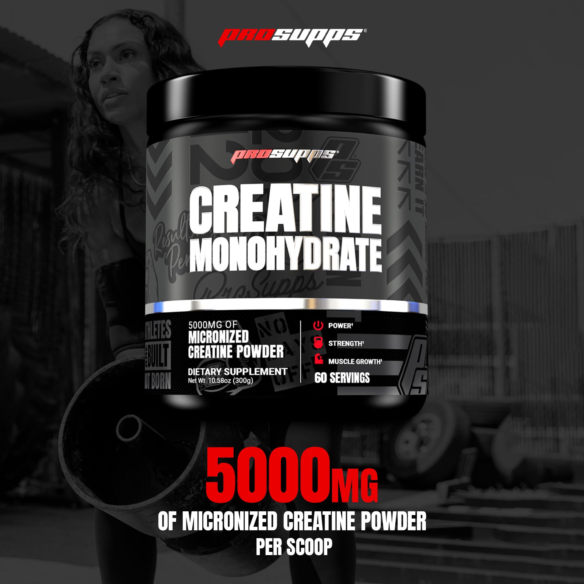 PROSUPPS Creatine Monohydrate powder scoop highlighting convenient serving size.