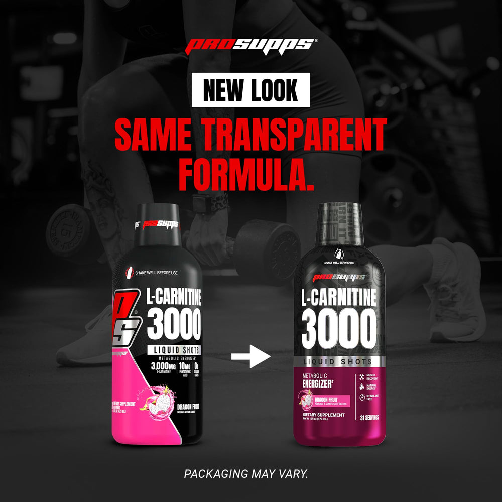 PROSUPPS L-Carnitine Liquid 3000 bottle on counter for easy access.