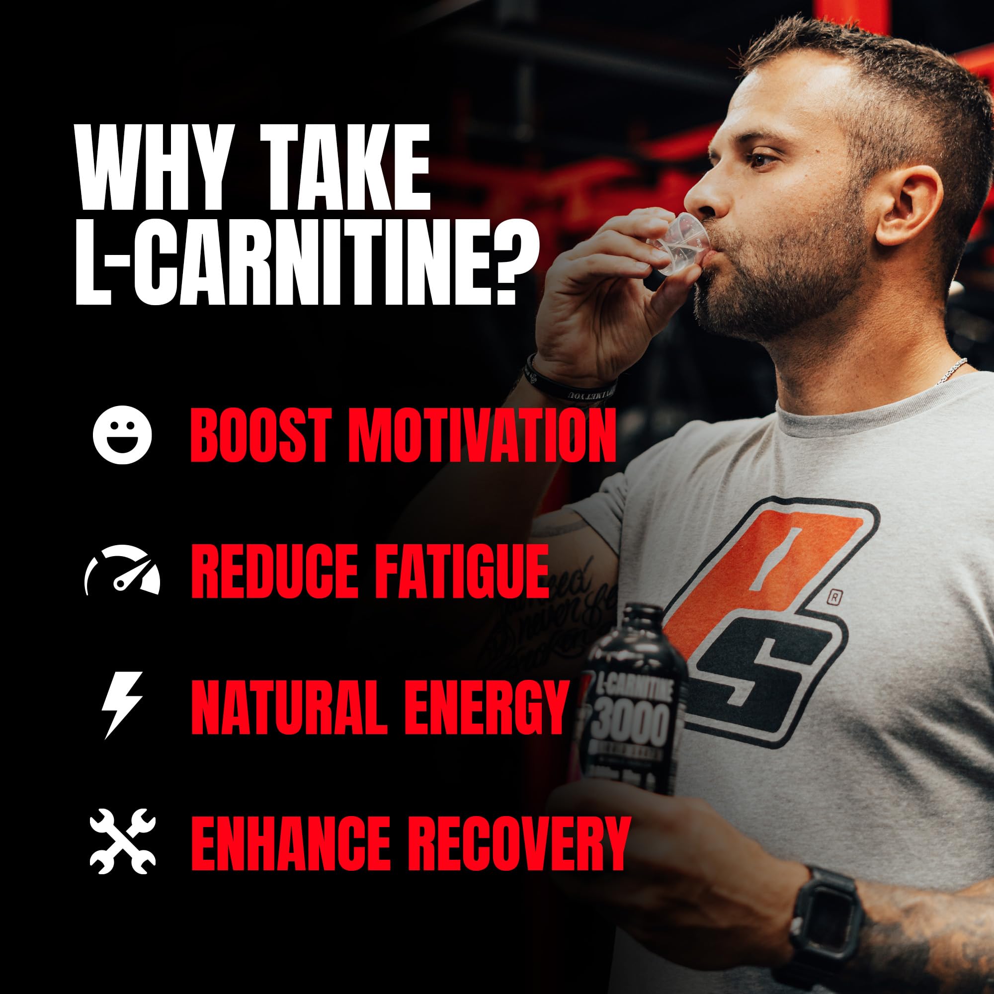 Serving shot of PROSUPPS L-Carnitine Liquid 3000 for pre-workout energy.