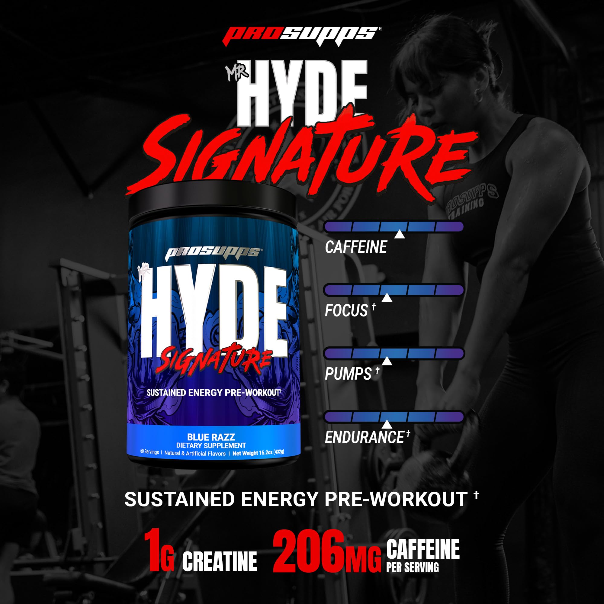 PROSUPPS Mr. Hyde Blue Razz scoop shows easy, measured dosing before workouts.