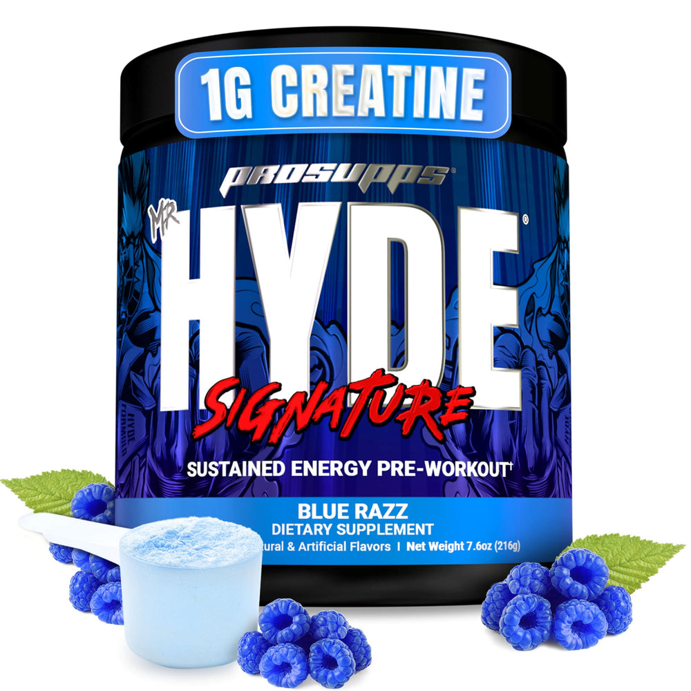 PROSUPPS Mr HYDE blue razz tub energizes workouts with focused endurance.