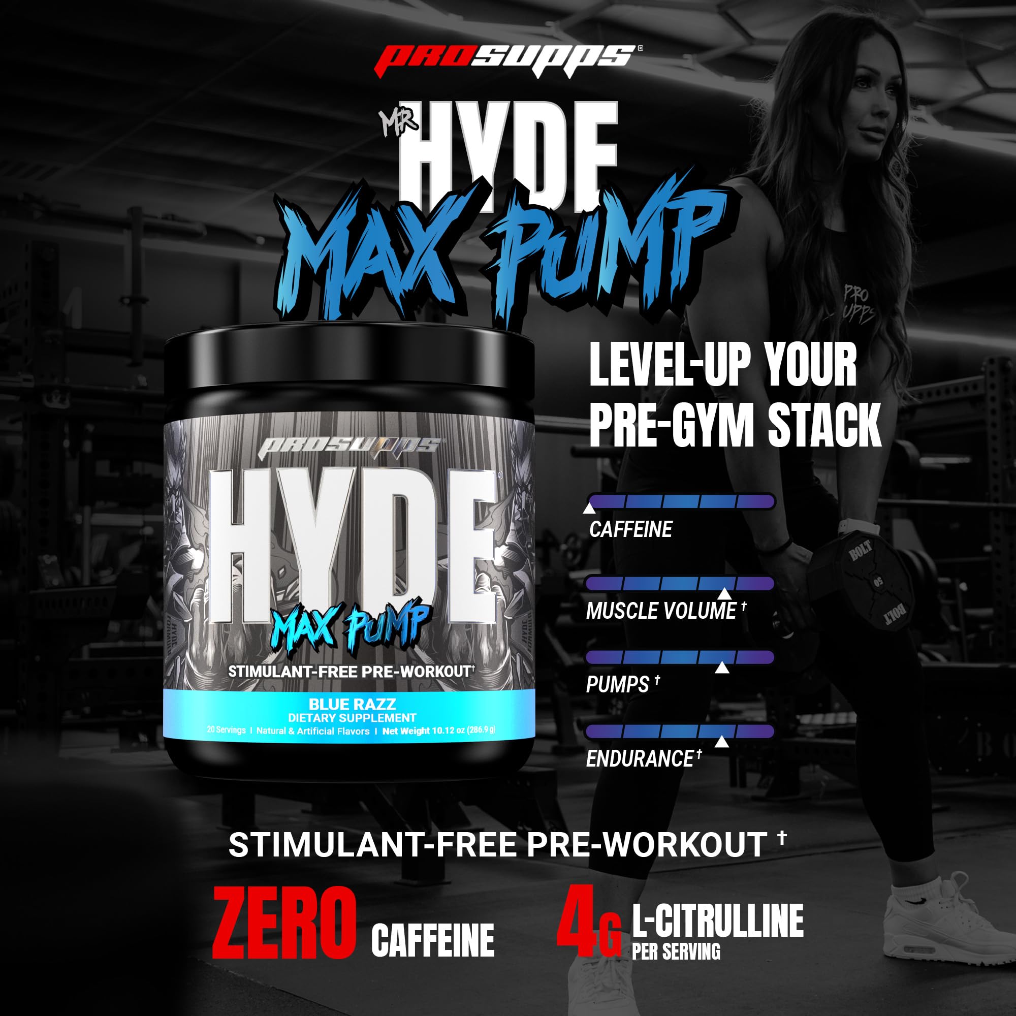 Close-up of PROSUPPS Mr. Hyde Max Pump blue razz label for vascular-focused workouts