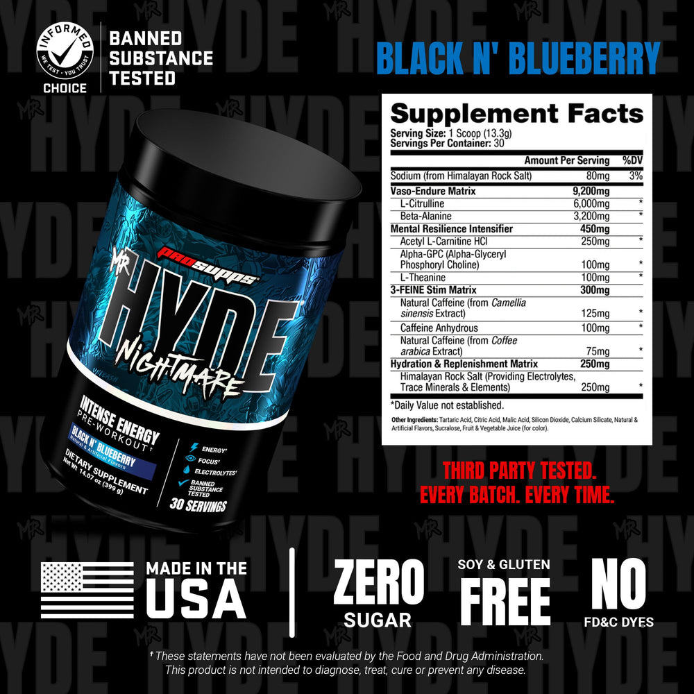 Close-up of the label highlighting caffeine content on Mr. Hyde Nightmare.