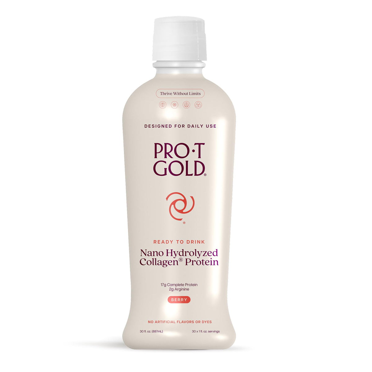 ProT Gold liquid collagen shot bottle front, 17g protein per serving for daily support.