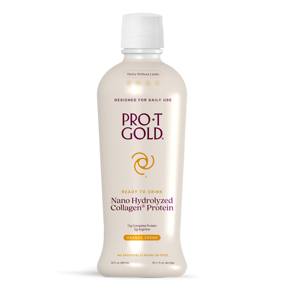 ProT Gold orange creme bottle shown for premium liquid collagen with 17g protein.