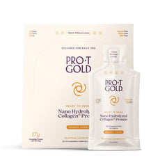 ProT Gold orange creme liquid collagen bottle highlighting rapid absorption for post-workout support.