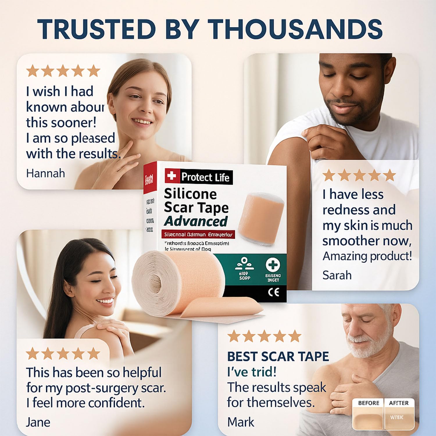 Protect Life scar tape reusable design emphasizes washing and storage for repeated use