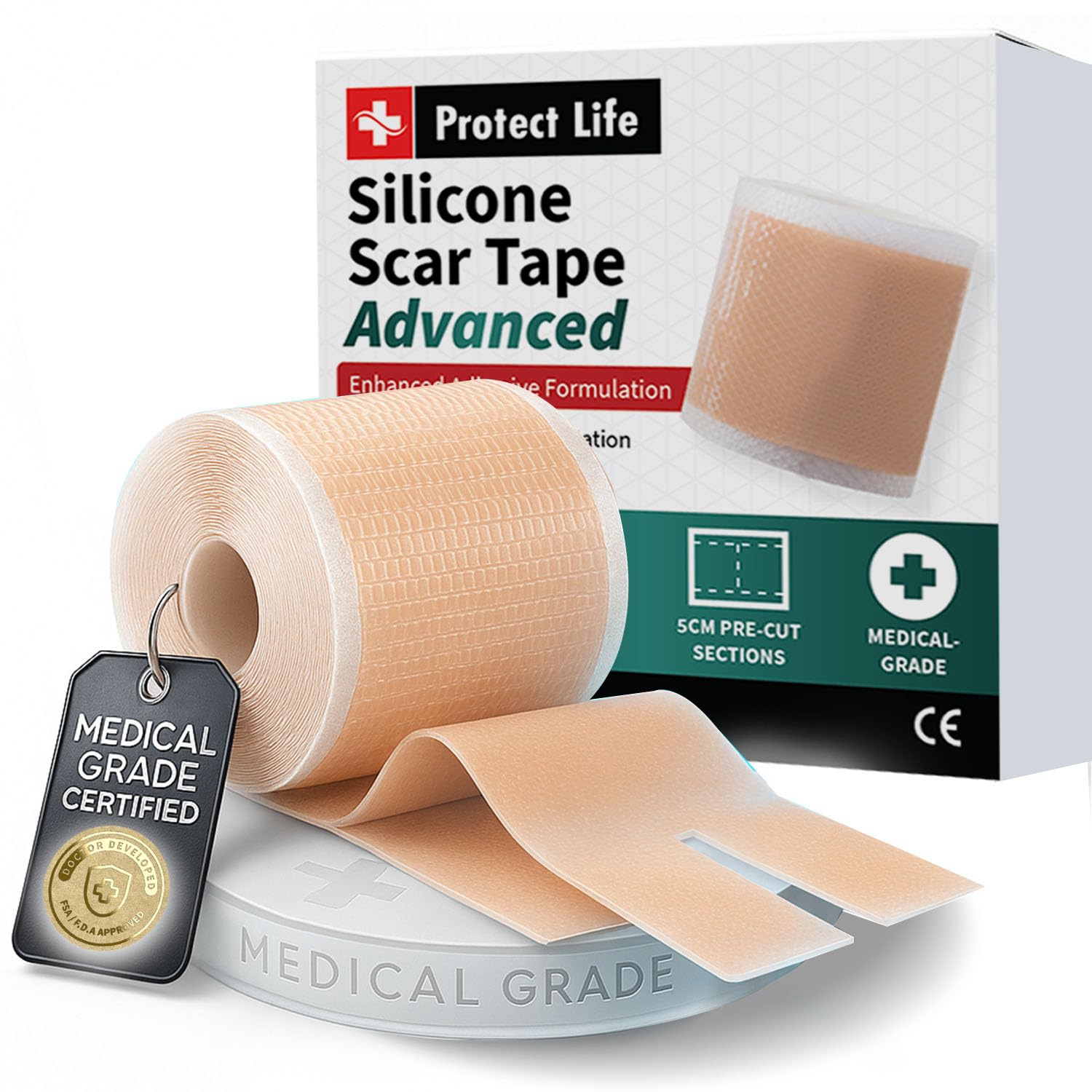 Protect Life silicone scar tape closeup shows advanced adhesive grip for secure wear