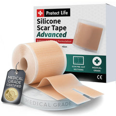 Protect Life silicone scar tape closeup shows advanced adhesive grip for secure wear