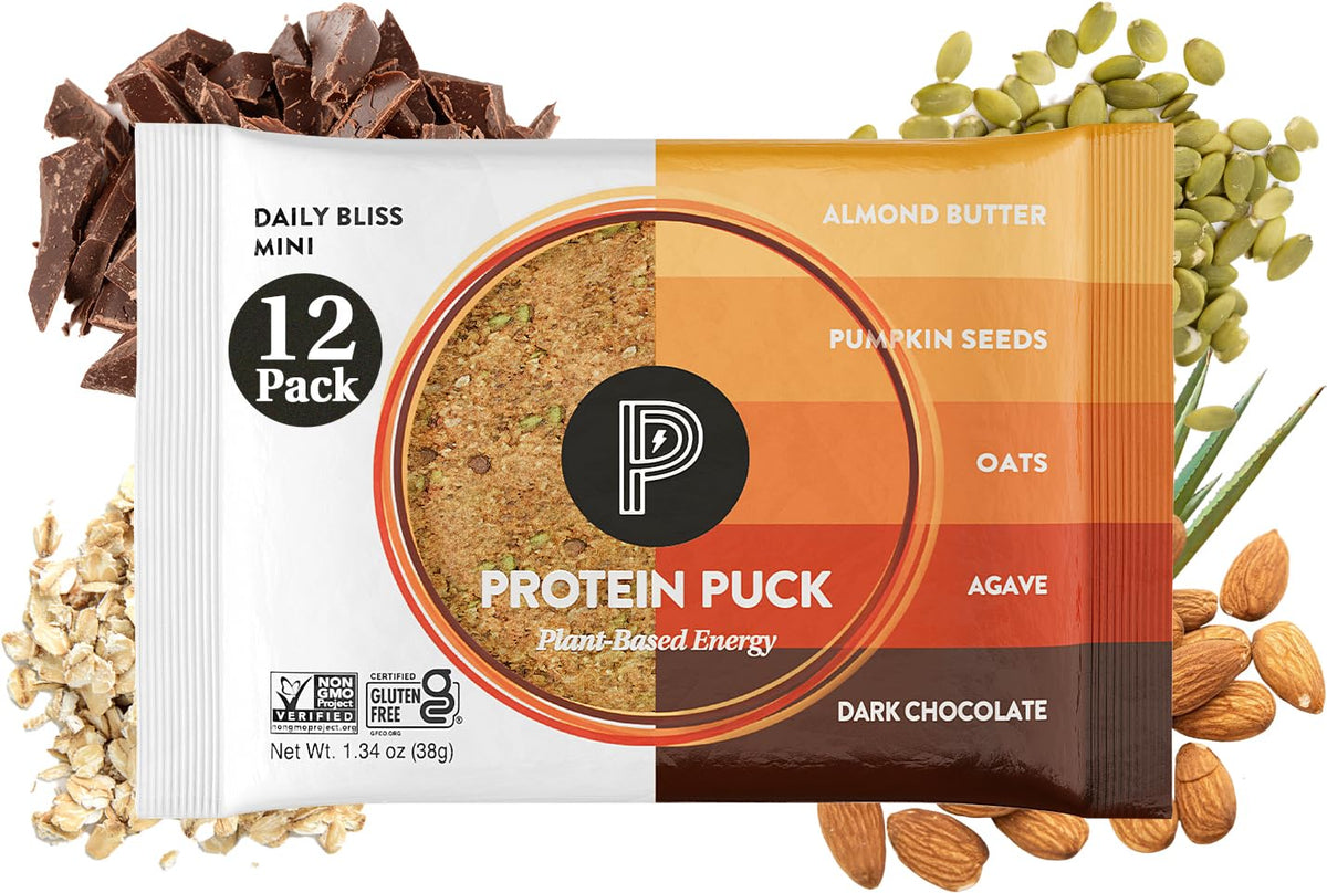 Protein Puck Daily Bliss dark chocolate almond butter bar, protein-packed vegan snack.