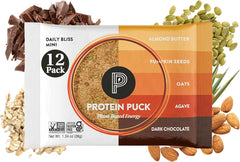 Protein Puck Daily Bliss dark chocolate almond butter bar, protein-packed vegan snack.