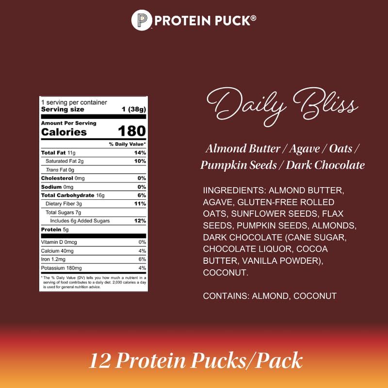 Protein Puck Daily Bliss box showing 12 mini bars for convenient multi-day use.
