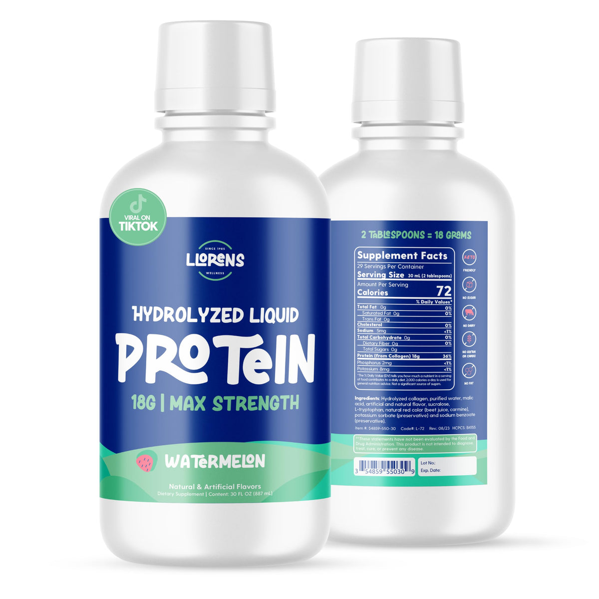 Proteinex Watermelon liquid hydrolyzed protein bottle pour supports convenient post-workout recovery.