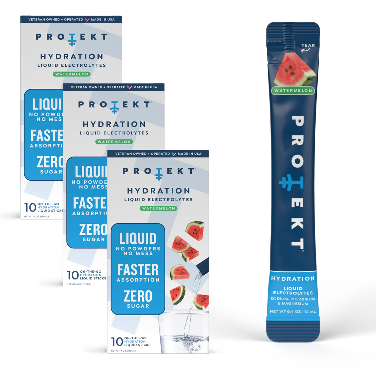 Protekt electrolyte packets Watermelon dissolve in water for quick hydration after workouts.