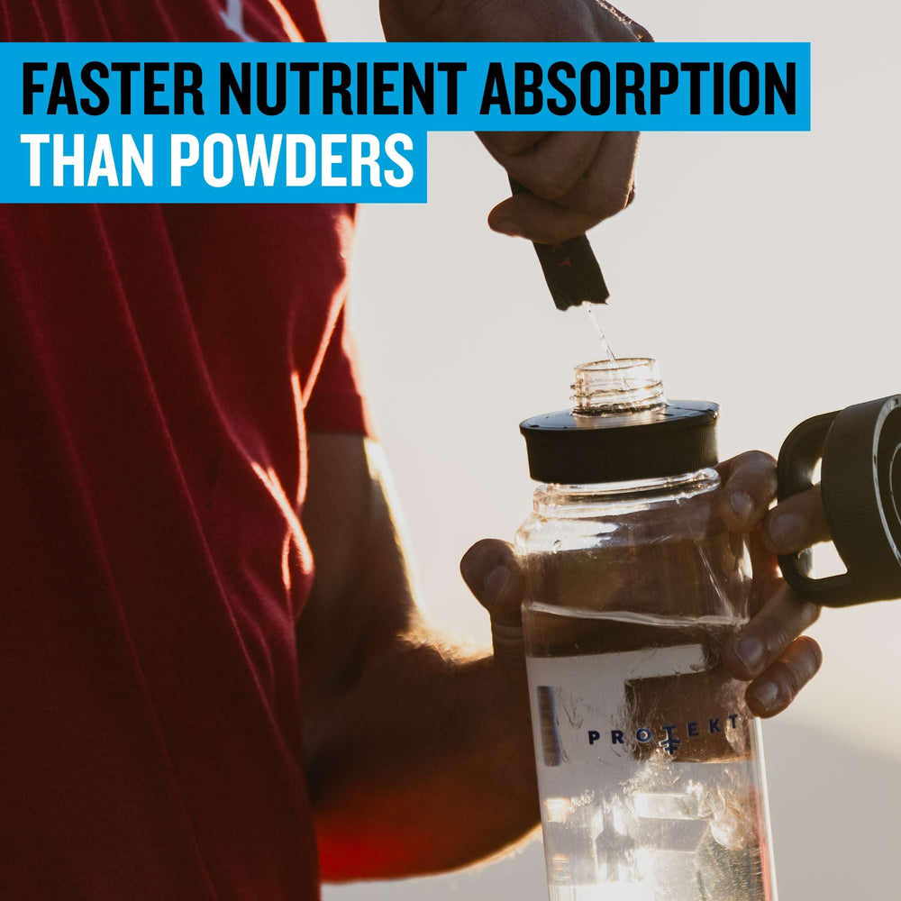 PROTEKT On-the-go hydration with packets and water bottle.