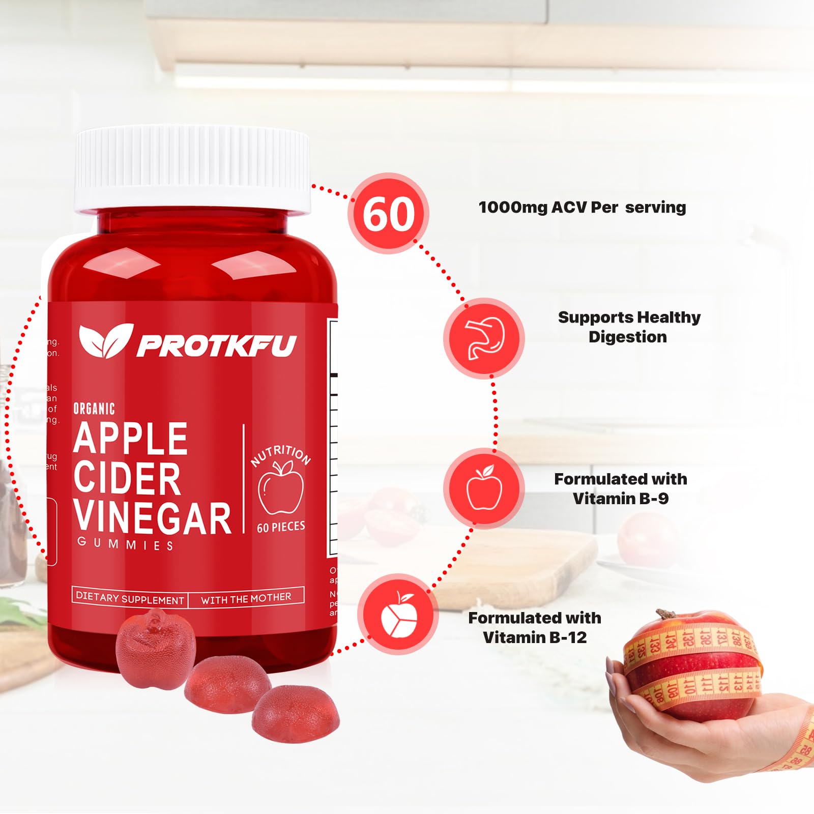 ProTKFU Apple Cider Vinegar Gummies bottle side label showing B6 and B12 vitamins for energy.